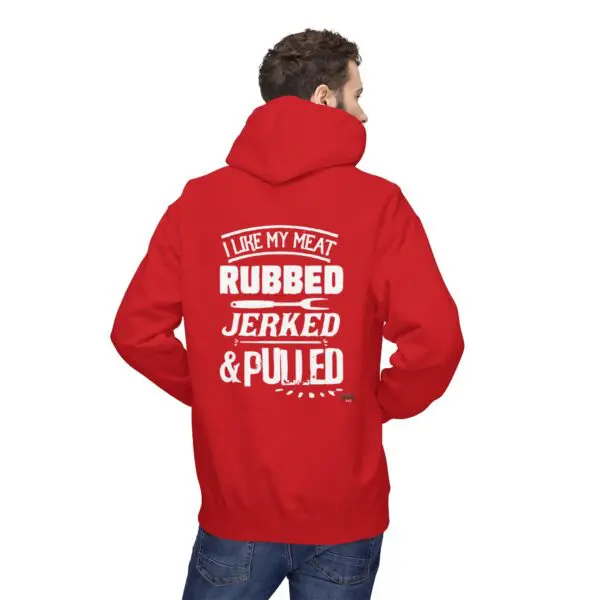 Man wearing red hoodie with printed text.