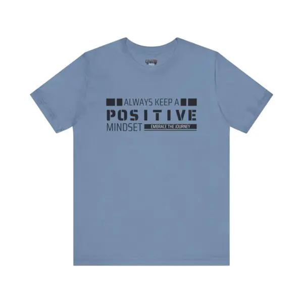 Blue t-shirt with motivational quote design.