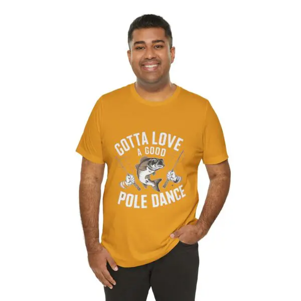 Man in yellow shirt with humorous text.