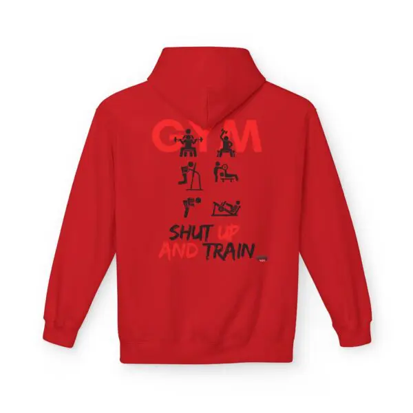 Red hoodie with gym icons and slogan.