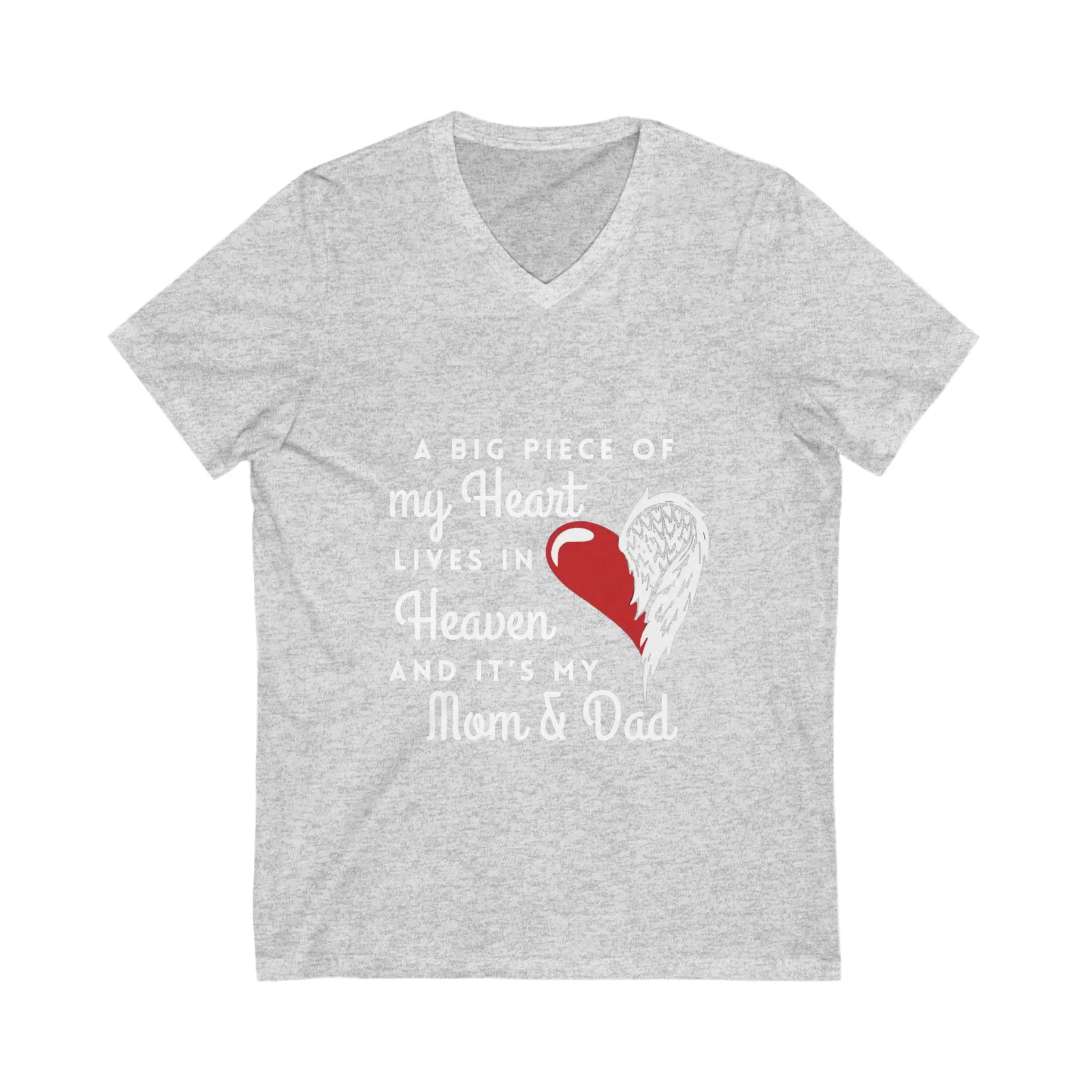 Gray T-shirt with heart and wings design.