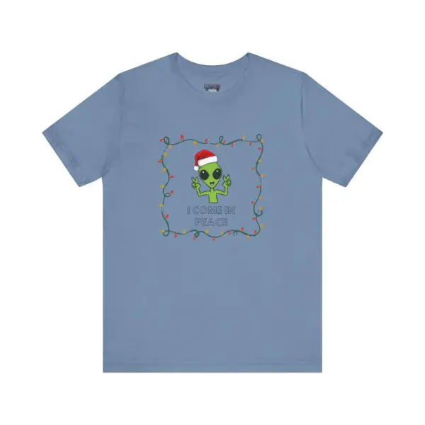 Blue shirt with festive alien design.