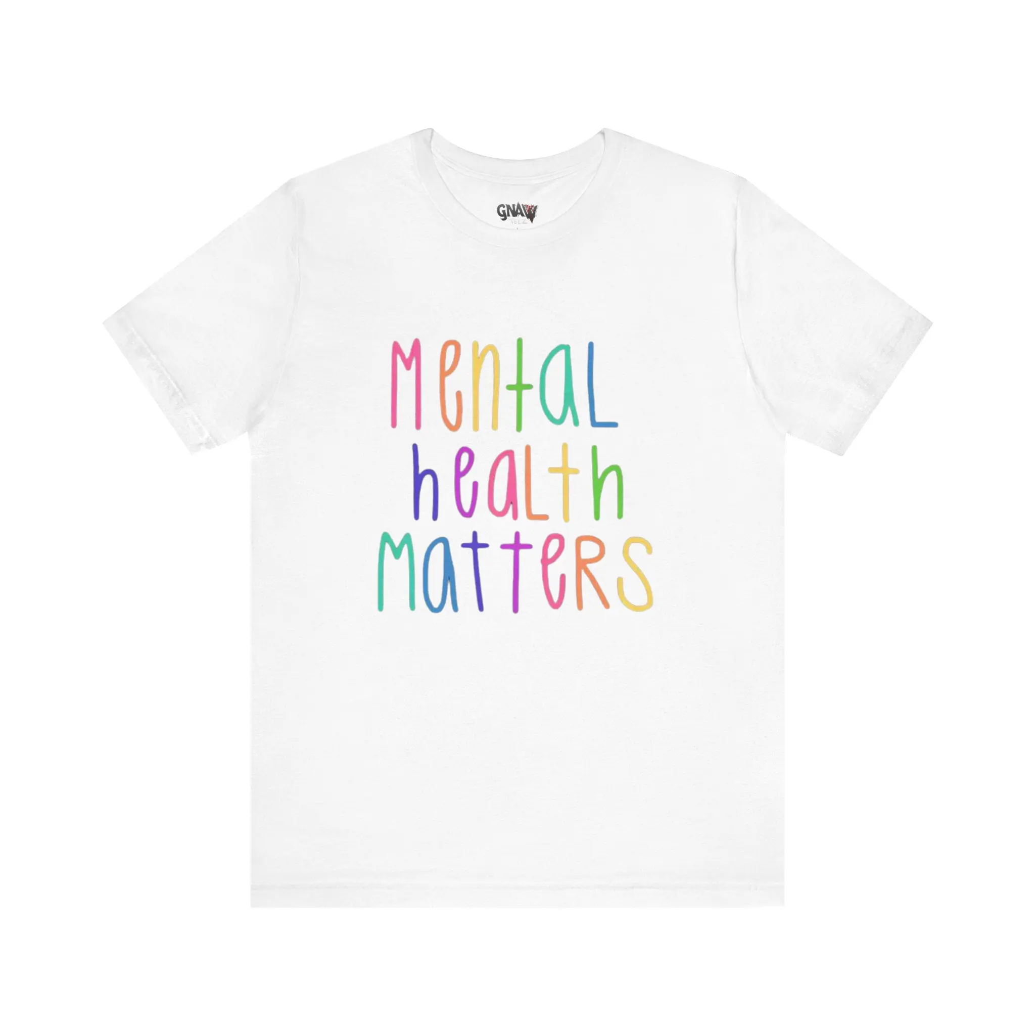 White T-shirt with "Mental Health Matters" text.
