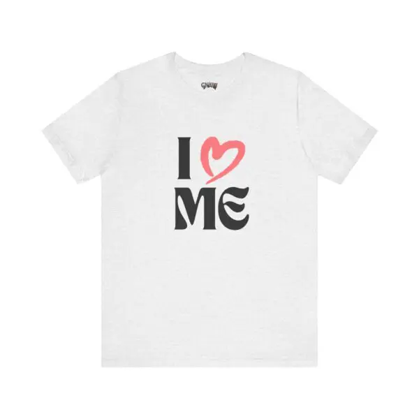 White t-shirt with "I Love Me" design.