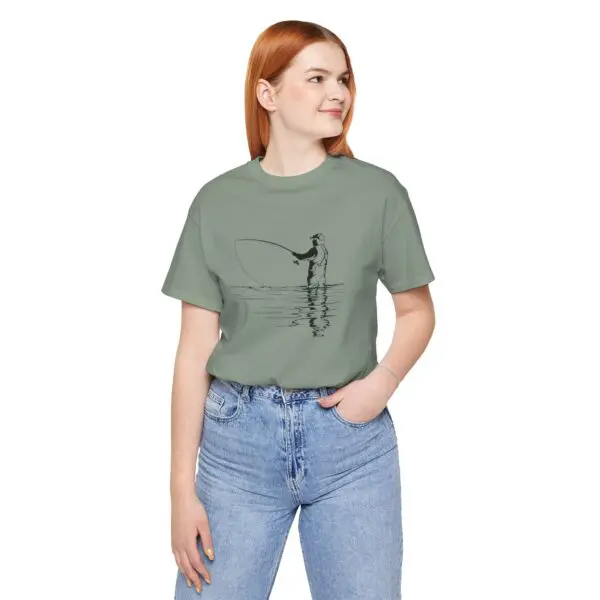 Woman wearing t-shirt with fishing design.