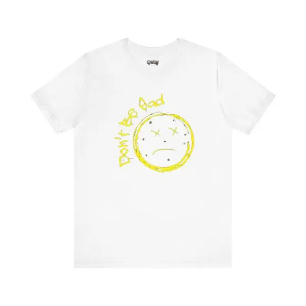 White T-shirt with sad face design.