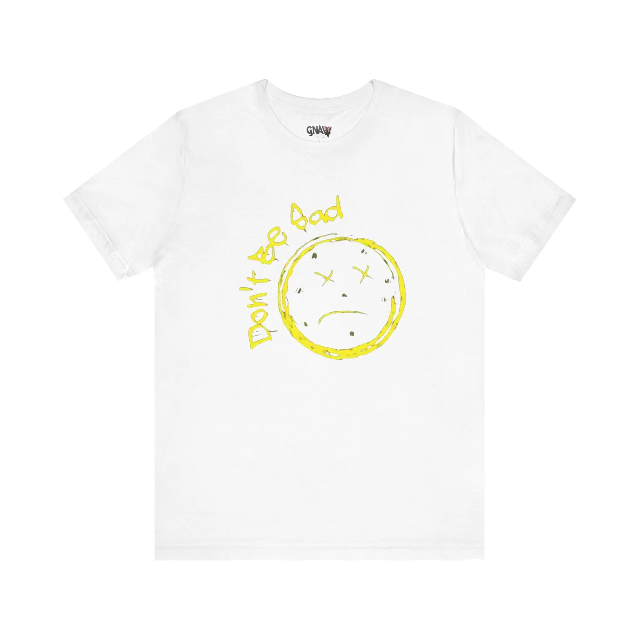 White T-shirt with sad face design.