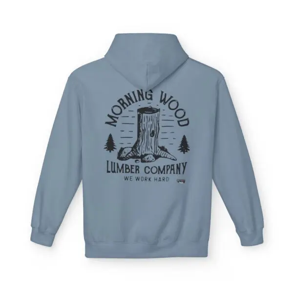 Blue hoodie with lumber company graphic design.