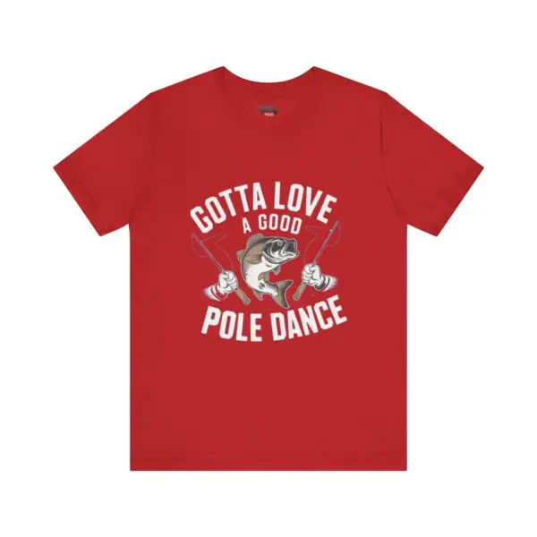 Red t-shirt with fish and funny text.