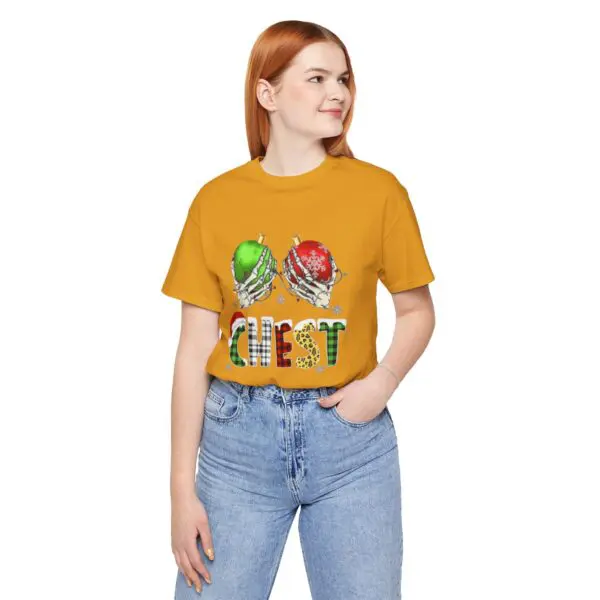 Woman wearing mustard shirt with helmet design.