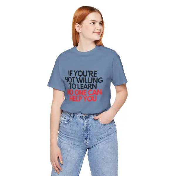 Woman wearing a motivational quote t-shirt.