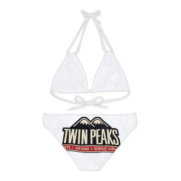 White bikini with "Twin Peaks" text design.