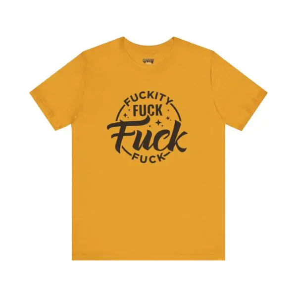 Yellow T-shirt with bold text design.