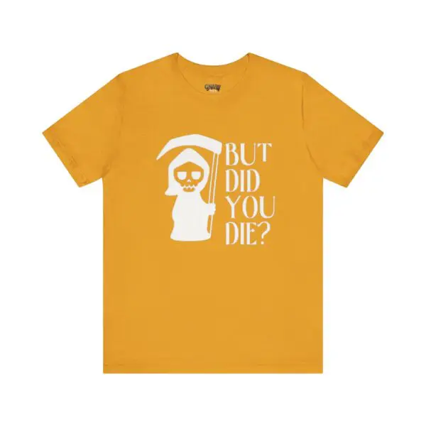 Orange t-shirt with grim reaper design.