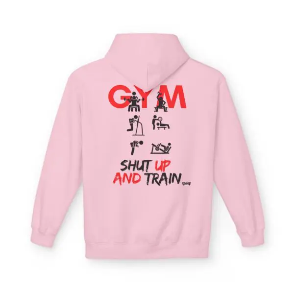 Pink hoodie with gym-themed illustrations.