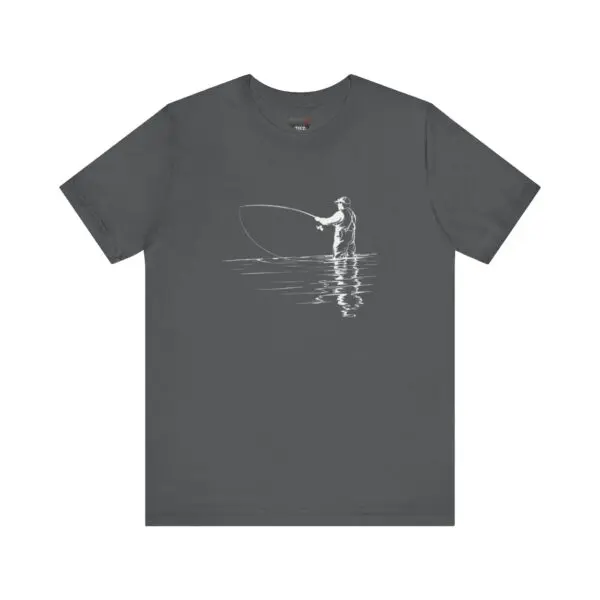 Gray T-shirt with fisherman graphic design.