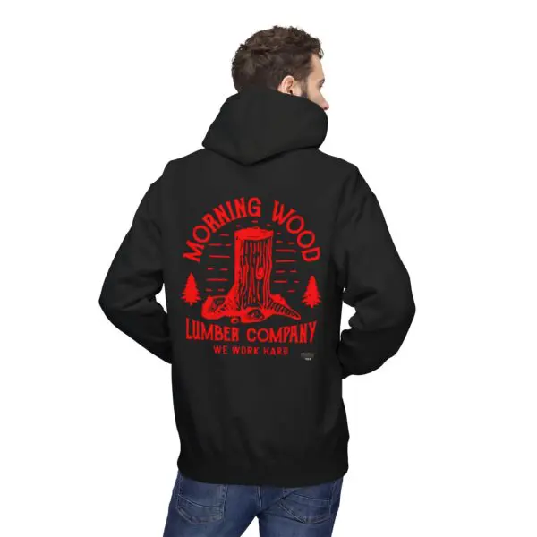 Man wearing hoodie with lumber company logo.