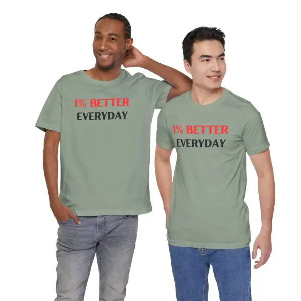 Two men wearing motivational message t-shirts.