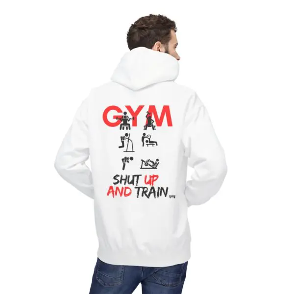 Man wearing hoodie with gym-themed design.
