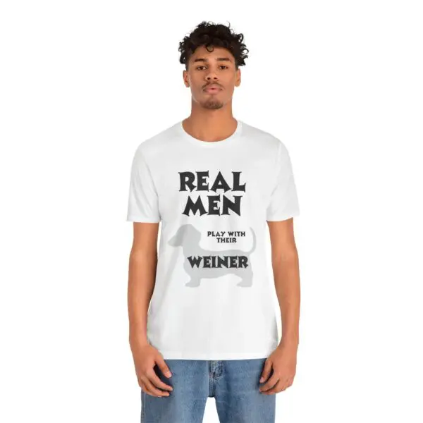 Man wearing humorous dachshund-themed T-shirt.
