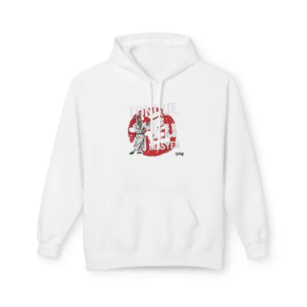White hoodie with graphic martial arts design.