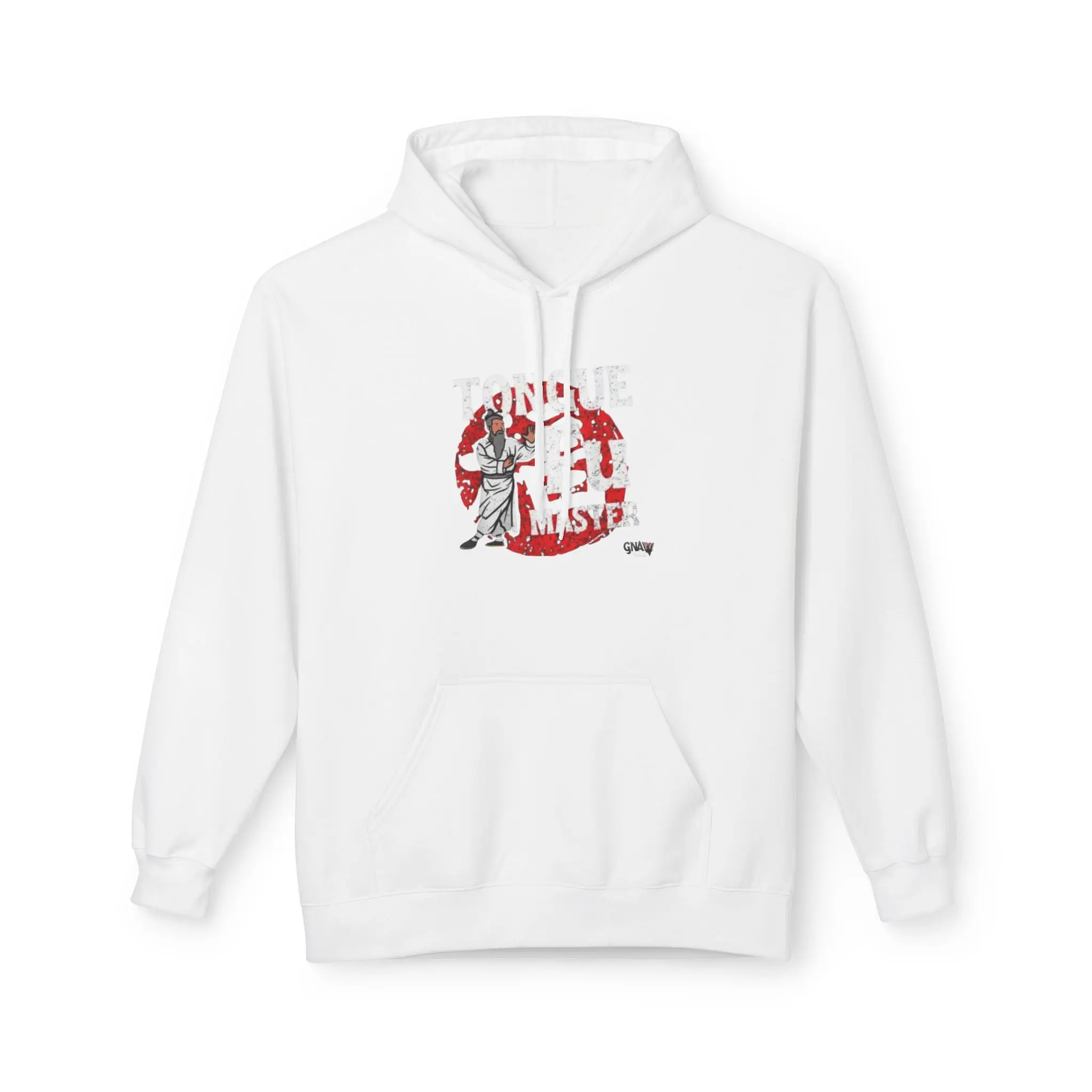 White hoodie with graphic martial arts design.