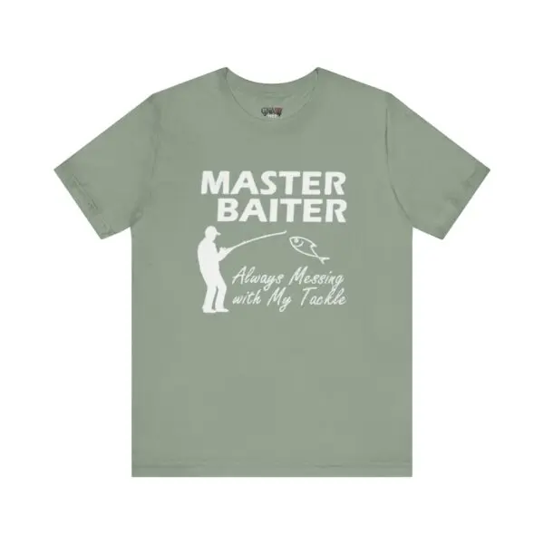 Green t-shirt with fishing-themed humorous text.