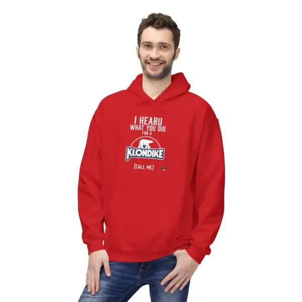 Man wearing red hoodie with printed text.