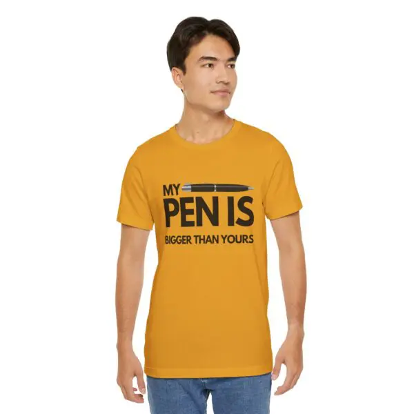 Man wearing humorous graphic T-shirt.