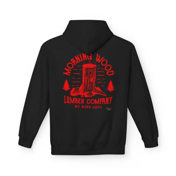 Black hoodie with lumber company logo.