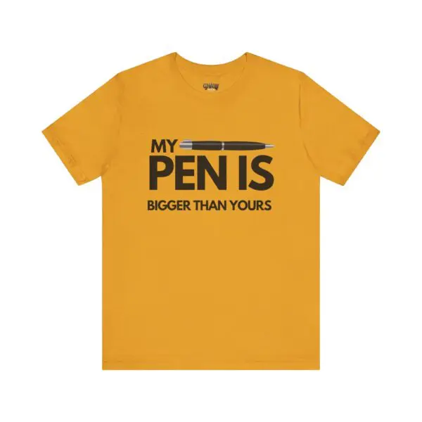 Yellow t-shirt with pen-themed text design.