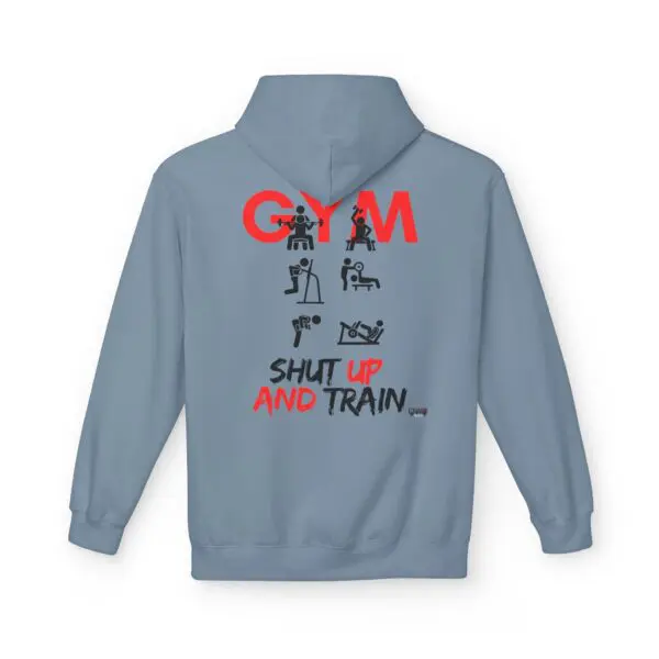 Blue hoodie with gym-themed design.