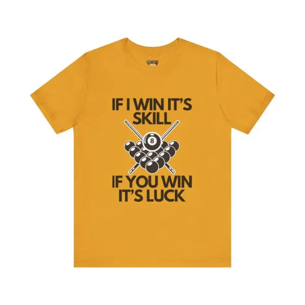 Yellow shirt with humorous billiards quote.