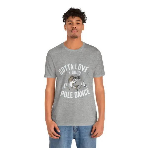 Man wearing fishing-themed graphic t-shirt.