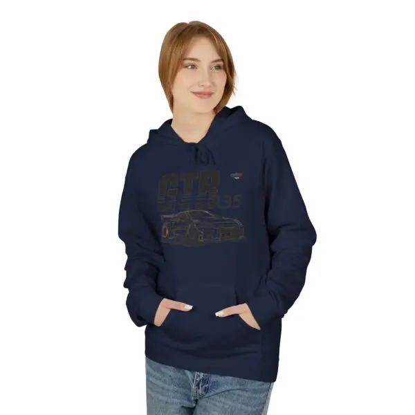 Person wearing navy car-themed hoodie.