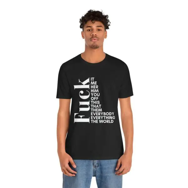 Man wearing a graphic black T-shirt.