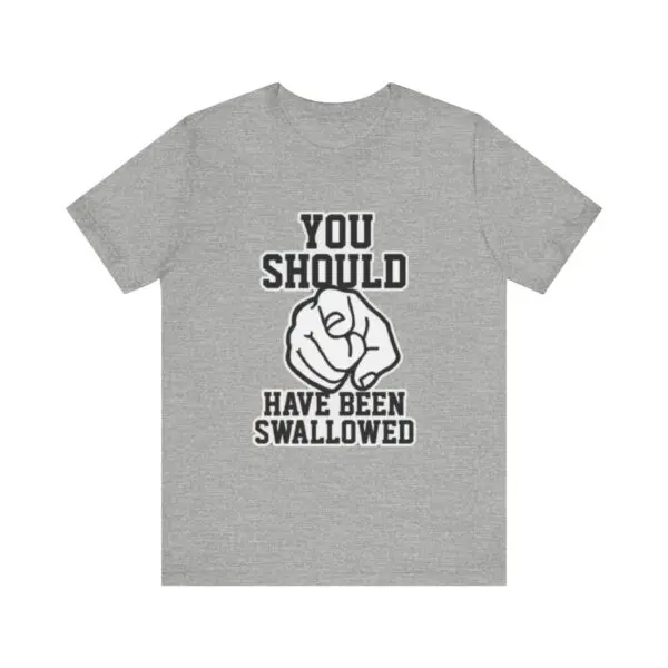 Gray t-shirt with provocative printed text.