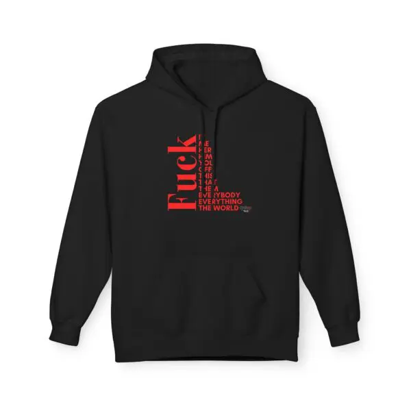 Black hoodie with bold red text design.