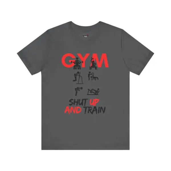 Gray t-shirt with gym-themed design.