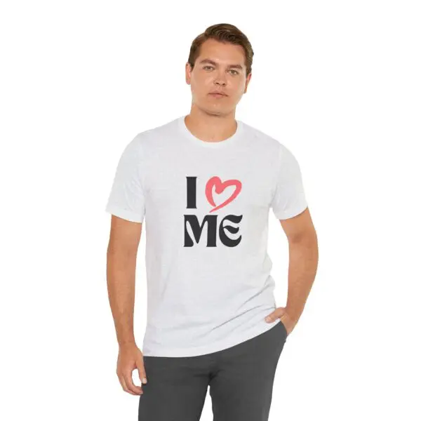 Man wearing "I love me" t-shirt.