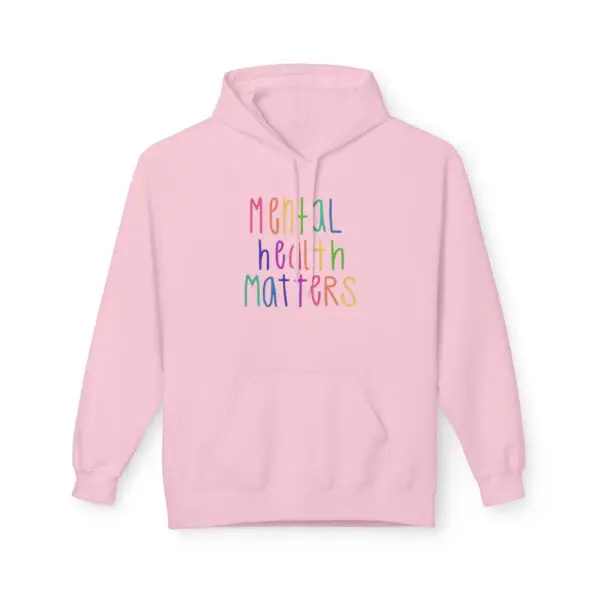 Pink hoodie with "Mental Health Matters" text.