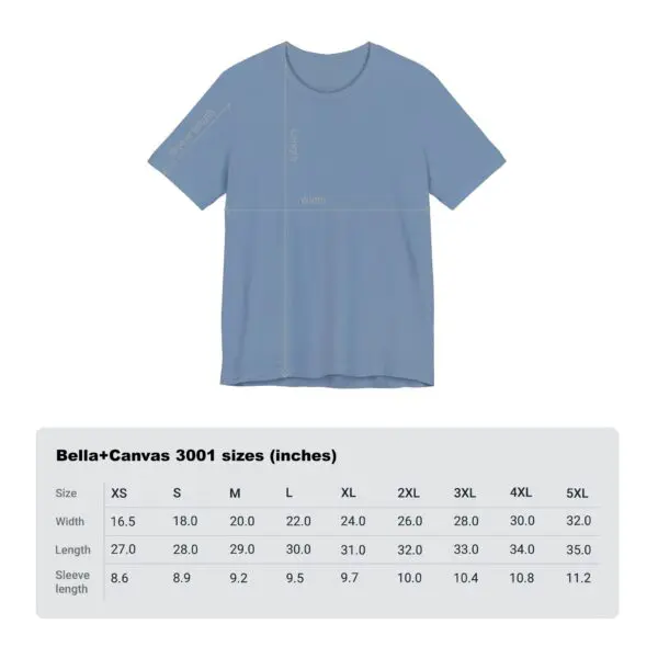 Blue T-shirt with size chart displayed.