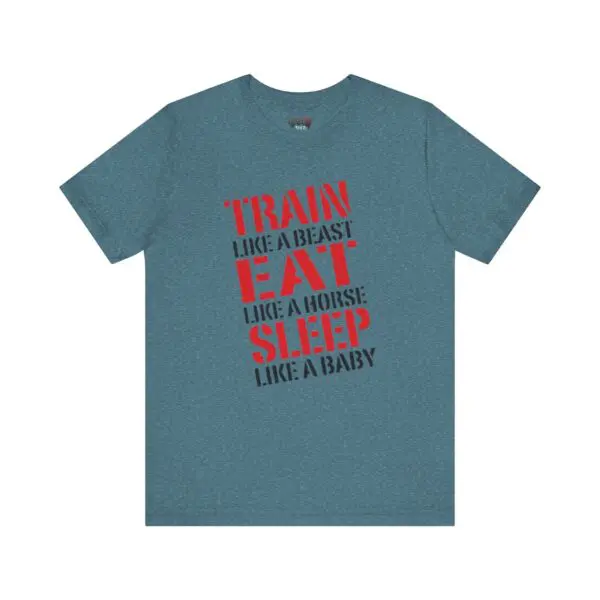Blue T-shirt with motivational fitness text.