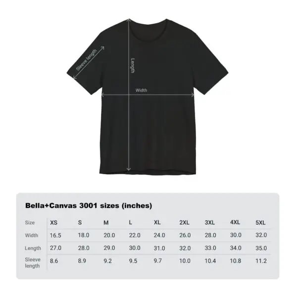 Black T-shirt with size chart.