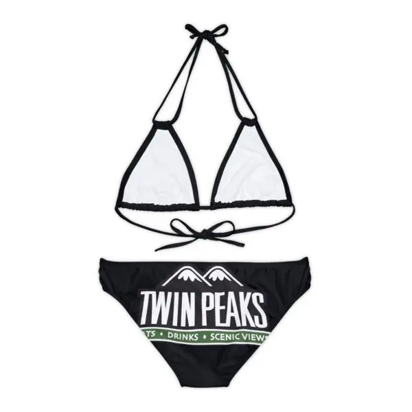 Black bikini with "Twin Peaks" design.