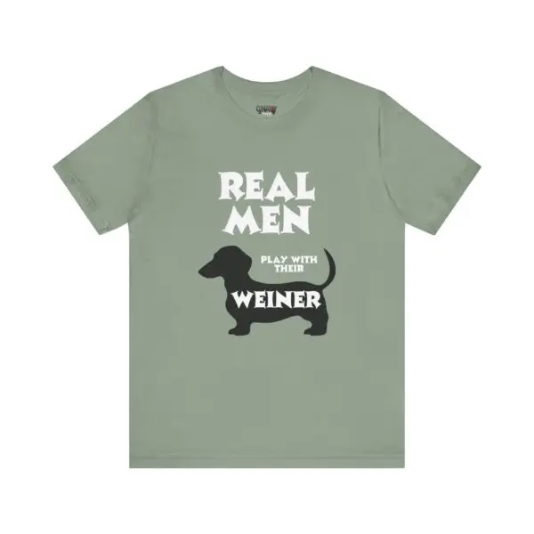 Green shirt with dachshund-themed humorous text.