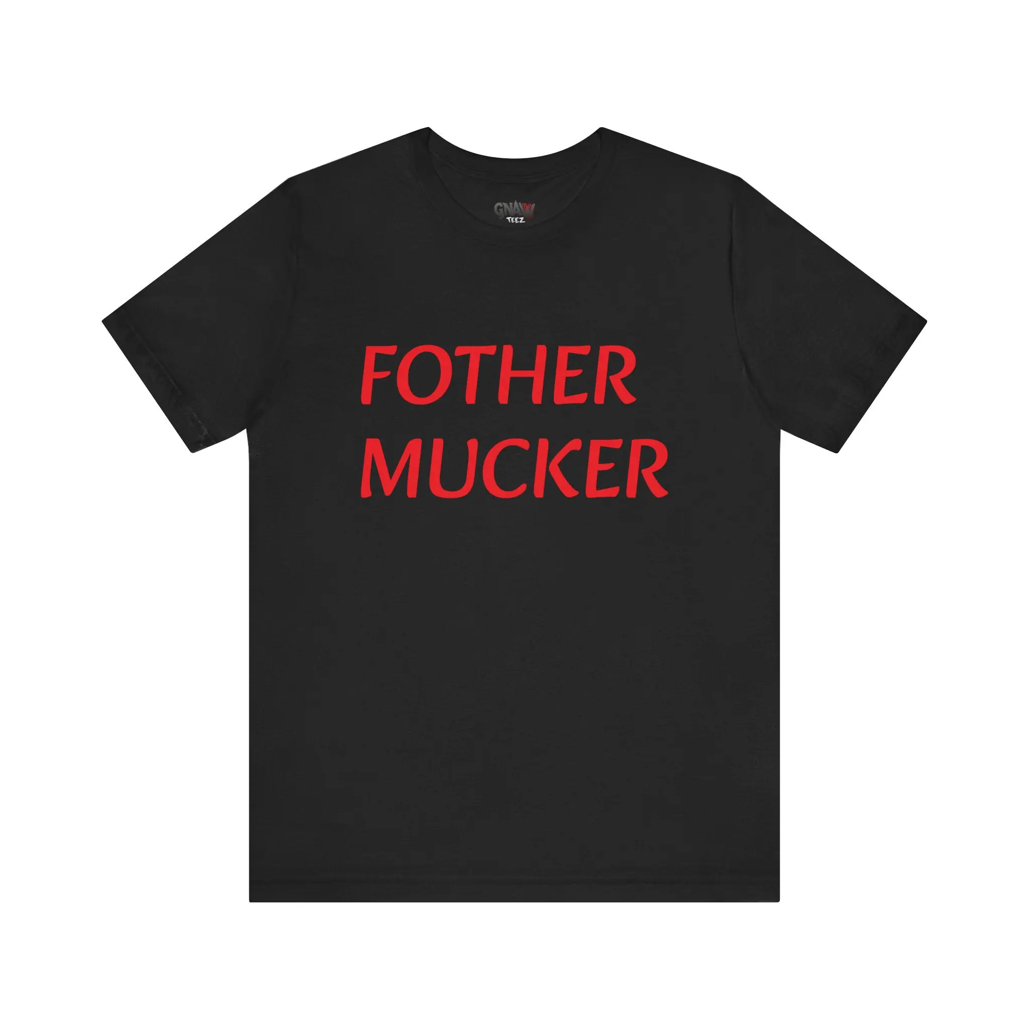 Black t-shirt with red text design.