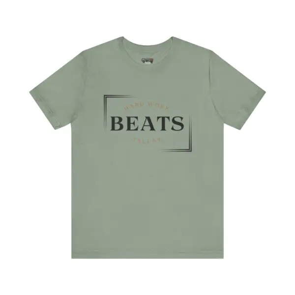 Green t-shirt with "Beats Talent" text design.
