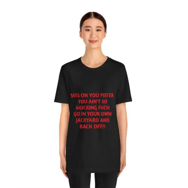 Woman wearing a black T-shirt with text.