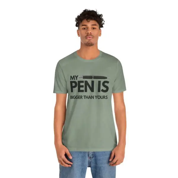 Man wearing humorous pen-themed t-shirt.